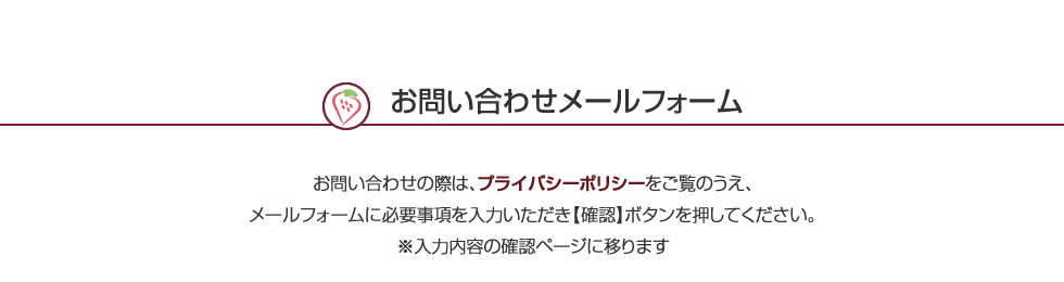 お問い合わせの際は、プライバシーポリシーをご覧のうえ、メールフォームに必要事項を入力いただき【確認】ボタンを押してください。※入力内容の確認ページに移ります