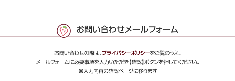 お問い合わせの際は、プライバシーポリシーをご覧のうえ、メールフォームに必要事項を入力いただき【確認】ボタンを押してください。※入力内容の確認ページに移ります