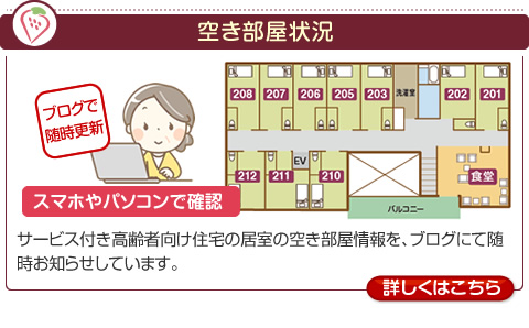 空き部屋状況　［ブログで随時更新］　スマホやパソコンで確認　サービス付き高齢者向け住宅の居室の空き部屋情報を、ブログにて随時お知らせしています。【詳しくはこちら】